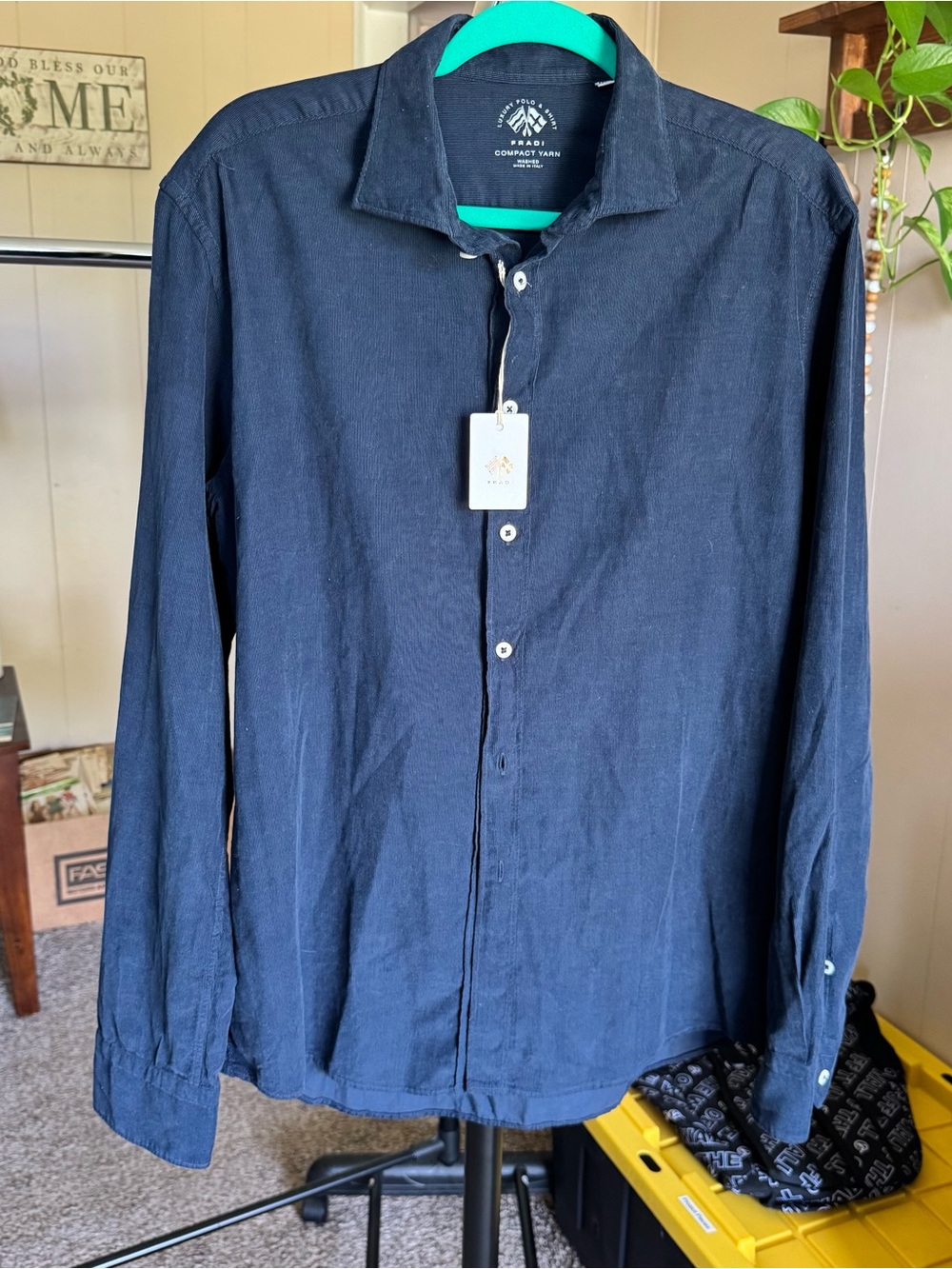 Fradi NWT Compact Yarn Long-Sleeve Navy 100% Cotton Button-Up Shirt